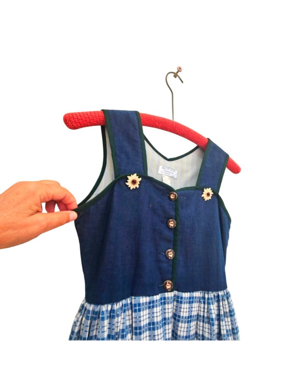 Vintage 80s 90s Handmade Dirndl Dress Blue and White Cotton Polyester XXS - Picture 2 of 16